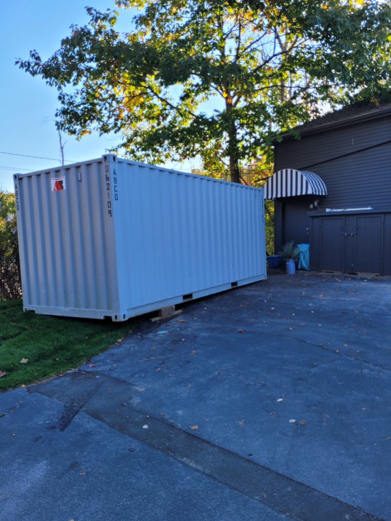 20’ storage container rental delivery to a bakery around this time of year through Christmas for overstock in Falmouth, ME 04105-1307.