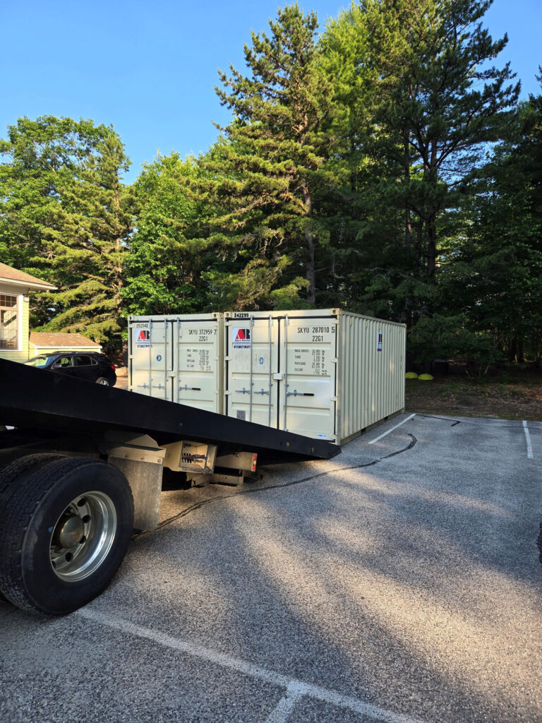 2 20-foot storage containers picked up from a school remodeling project in Falmouth, Maine