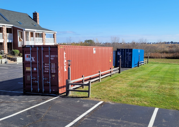 40ft container storage rental delivered to Misty Harbor Hotel renovation Wells, Me.