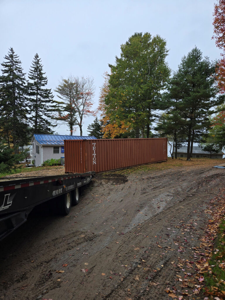 40ft storage container rental delivered to a new home build site in West Bath ME by Abco Rental and Storage