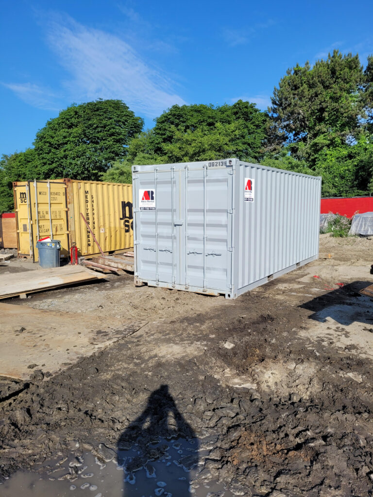 20ft storage container rental delivered to Beanpot Circle in Portland, ME Abco Rental & Storage, Inc. delivered of a 20ft ground-level storage container to ES Boulos Contractor at the Roux Institute campus development site, located at Beanpot Circle, Portland, Maine.
